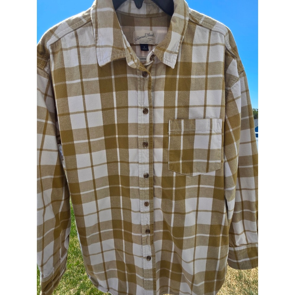 Women's sz M Gorpcore Oversized Flannel Shirt Mustard Yellow White Plaid